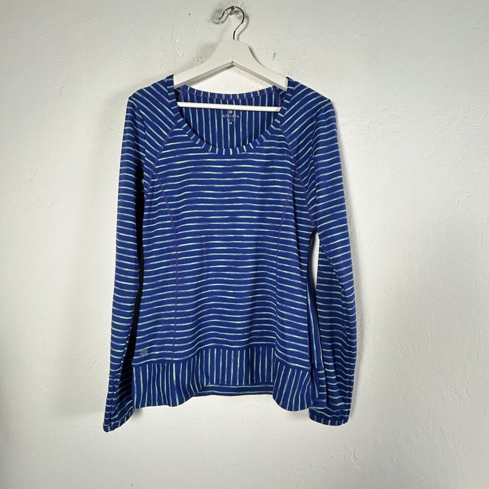 Athleta Womens Blue Green Striped Scoop Neck Long Sleeve Top Medium Stretch